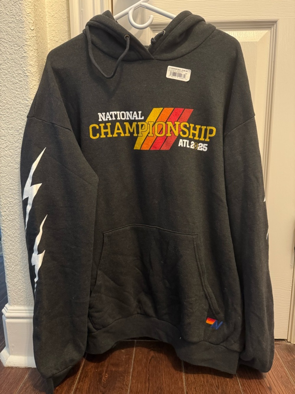 Aviator Nation Black Crewneck Hoodie with Yellow, Orange & Red Chest Graphic